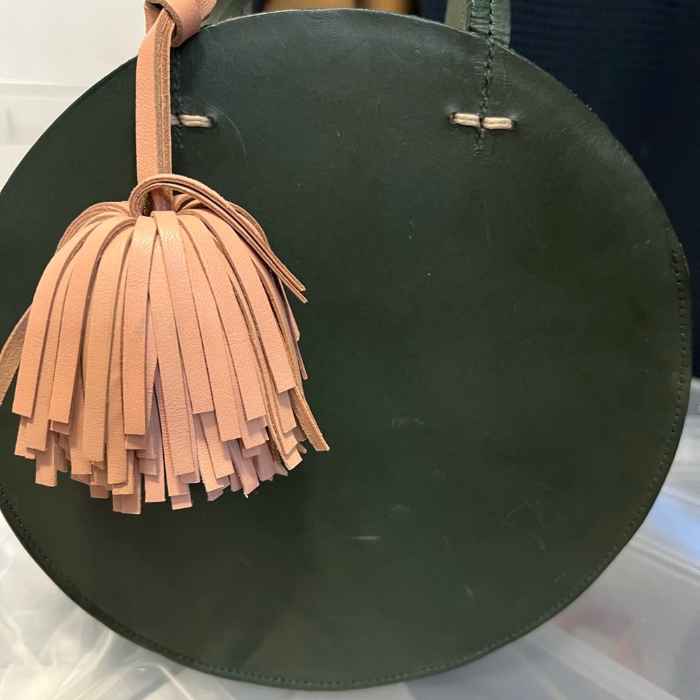 Clare V Green/Loden Alistair Circle bag with Pink pompom tassel missing strap